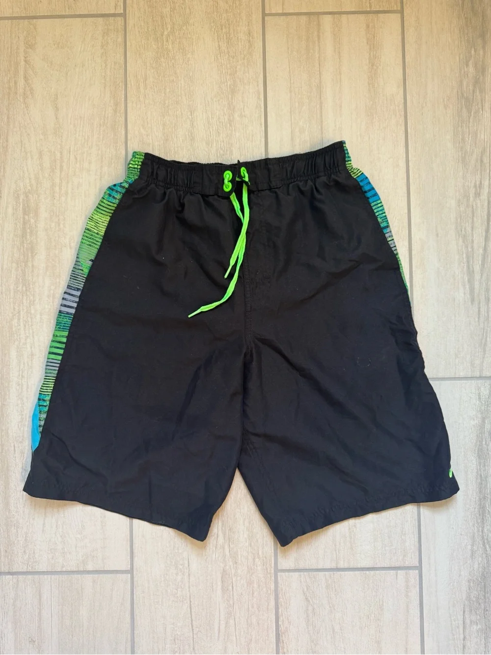 Nike Black Athletic Shorts with Neon Green Drawstring and Teal Accents